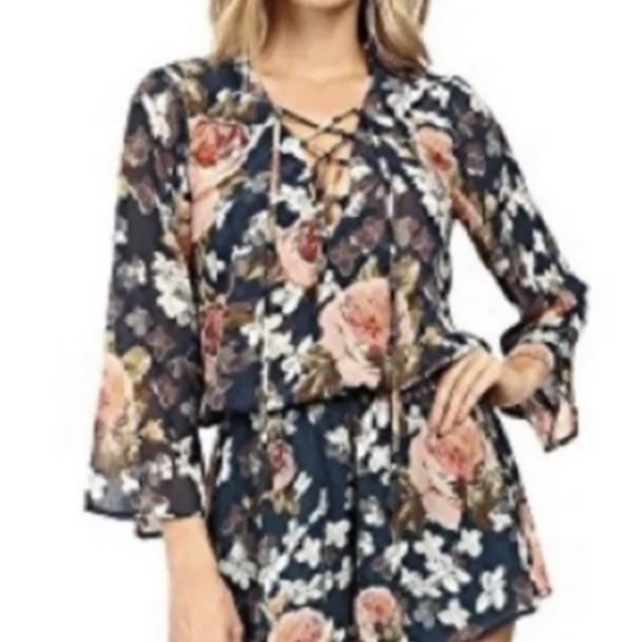 Show Me Your Mumu TILLIE TIE size X- Small Floral Romper Keyhole Back Navy Blue - Picture 5 of 12